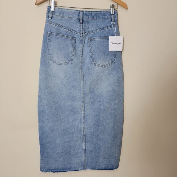 NWT W.Studio Streamgirl M Denim Pencil Straight Maxi Skirt High Front Slit - Picture 2 of 10
